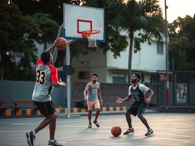 Basketball Shot street game in urban India Young people playing Basketball Shot on a street court in India