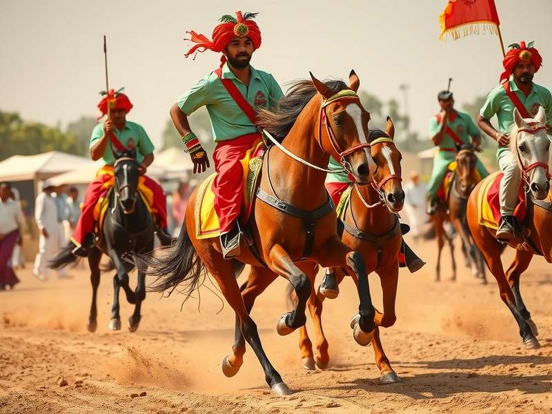 Historical depiction of traditional Gujarat horse riders in competition