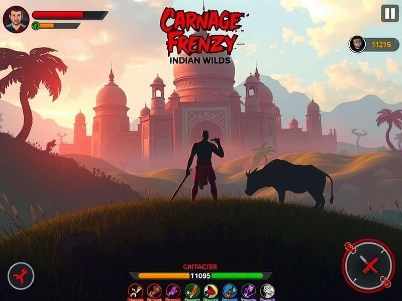 Carnage Frenzy Indian Wilds gameplay screenshot showing character in Indian landscape