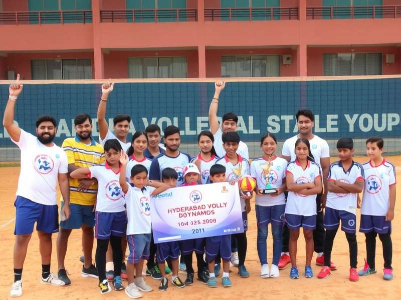 Hyderabad Volley Dynamos Championship Victory Hyderabad Volley Dynamos championship celebration with trophies
