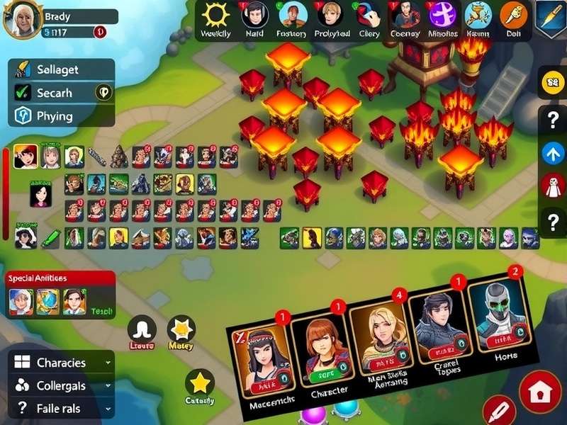 Fiery Realm Monarchs gameplay screenshot showing character selection and realm overview