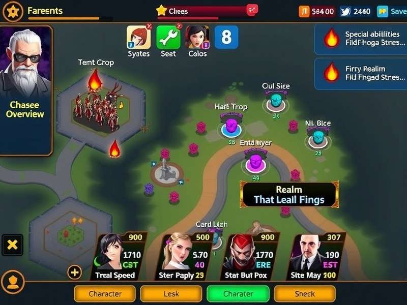 Fiery Realm Monarchs battle interface showing troop formations and special abilities