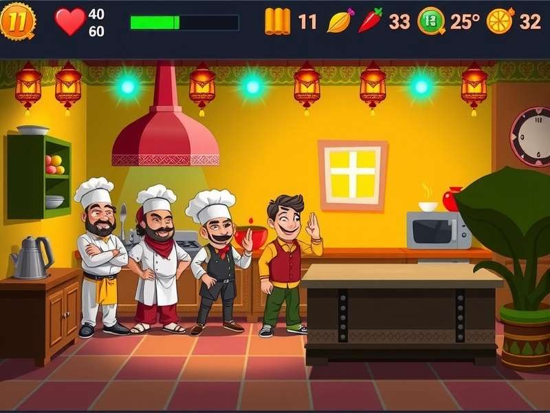 Spicy Tandoori Adventure gameplay screenshot showing colorful Indian kitchen